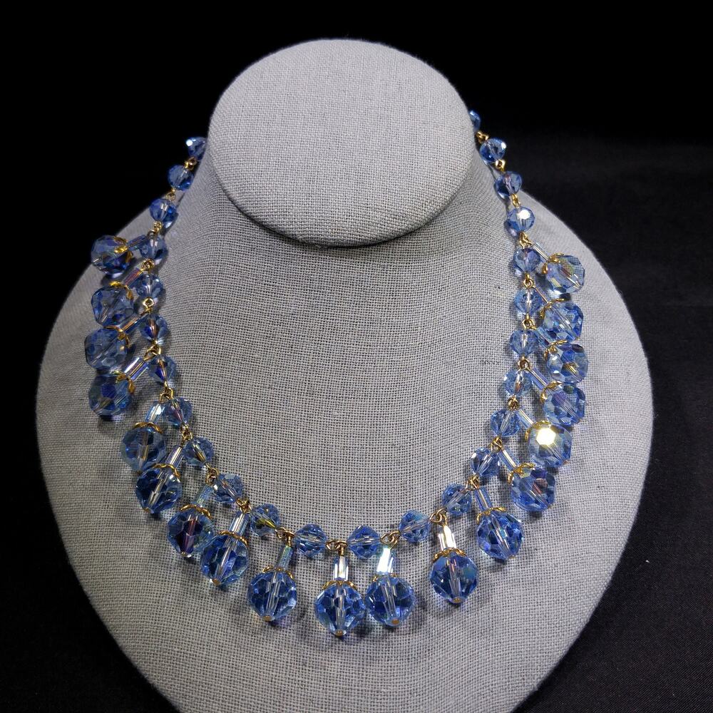 Vintage Blue AB Crystal Dangle Necklace Faceted Beads 1960s